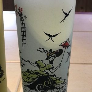 Set of 5 vintage frosted, colored, tall glasses